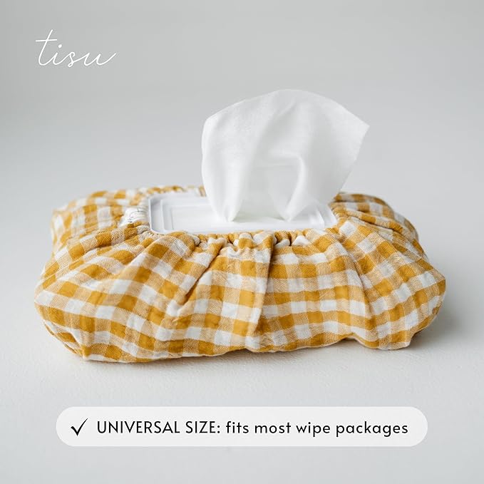 Baby Wipes Cover – Universal Size, One Size Fits All Wipes Packages | Muslin Cotton Tissue Cover for Nursery, Diaper Bag & Changing Table, Station | Gingham & Neutral Patterns (Mustard Yellow Gingham)