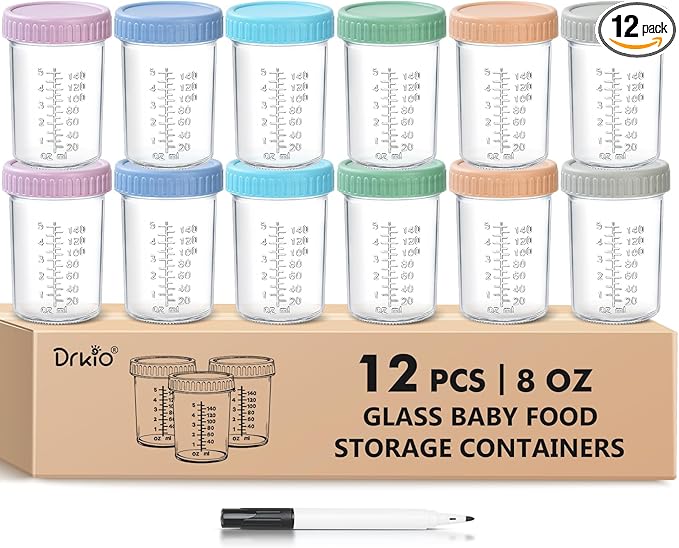 DRKIO 12 Pack Glass Baby Food Storage Containers - 8 Oz Baby Food Jars with Lids Baby Food Maker Microwave Dishwasher Freezer Safe 100% Leak Proof BPA Free Reusable
