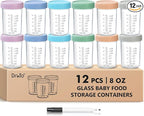 DRKIO 12 Pack Glass Baby Food Storage Containers - 8 Oz Baby Food Jars with Lids Baby Food Maker Microwave Dishwasher Freezer Safe 100% Leak Proof BPA Free Reusable