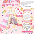 2 Pack Kids Teepee Tent with Mattress,Fitted Sheet,Light String,Washable Natural Cotton Toddler Play Tent for Girls Boys Indoor Outdoor Sleepover Slumber Birthday Party(Pink and White)
