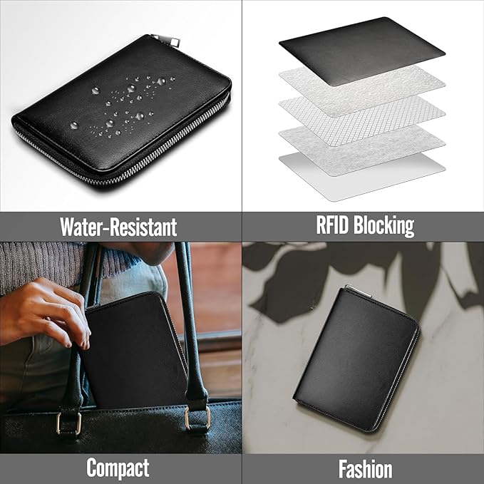 Genuine Leather Passport Wallet for Travel, RFID Blocking Cover with Zipper Closure and 3 Passport Pockets (Black)