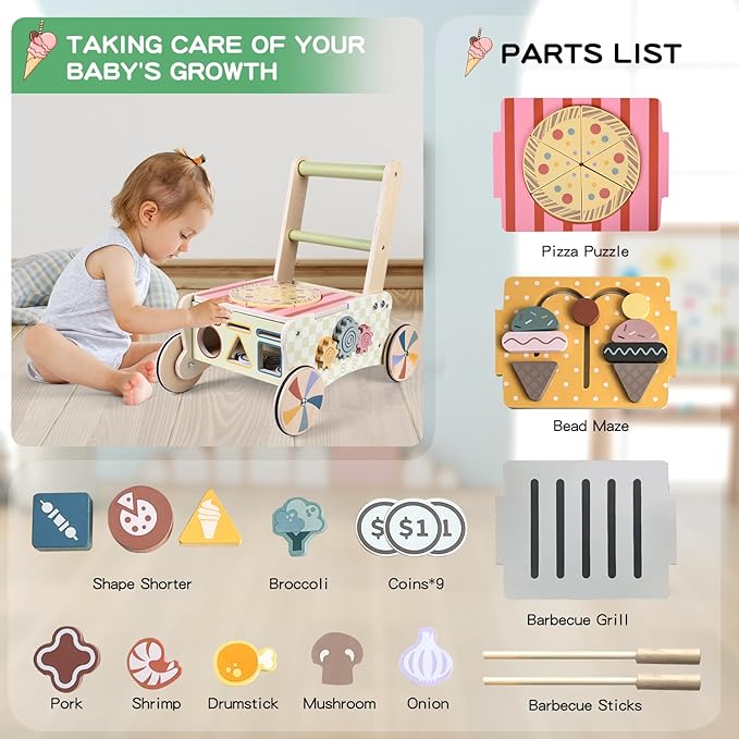 Wooden Push Walker for Babies with Wheels 12 Months+ Wooden Baby Walker Activity Walker for Babies Montessori Multiple Learning Activities Center Walking Toy Adjustable Speed Birthday Gift