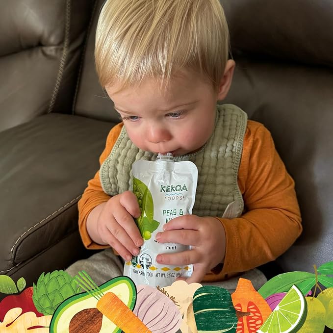 Kekoa Foods Peas & Mint Baby Food Purée | 100% USDA Certified-Organic Vegetarian Squeeze Pouch | Organic, Non-GMO, Gluten-Free, Vegan | Fiber & Protein Boosting First Food for Babies | 3.5 oz