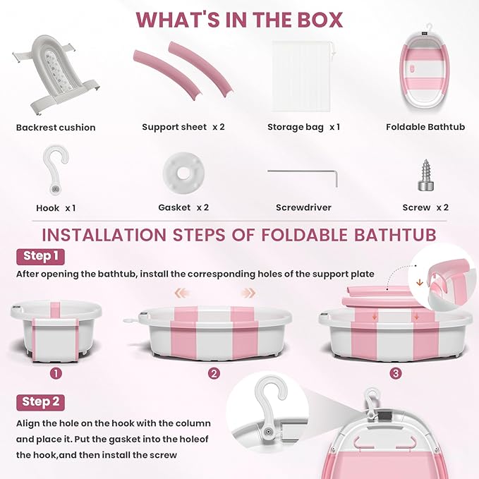 Collapsible Baby Bathtub, Baby Tubs for Newborns with Soft Cushion & Thermometer & Toy Organizer Mesh Bag, Infant Bathtub to Toddler 0-36 Months, Portable Travel Newborn Baby Bathtubs (Pink)