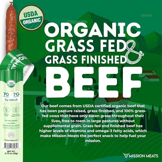Mission Meats 100% Certified Organic Beef Sticks – Pasture-Raised, Zero Sugar, Non-GMO, Healthy Individually Wrapped Meat Sticks Snack, 0.75oz (24 Count)