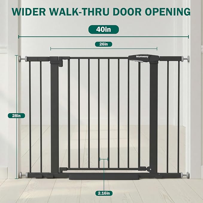 Baby Gate for Stairs, 26-40" Auto Close Dog Gate for Doorways, Pressure Mounted Child Gate with Walk Thru Door, Easy Install Safety Gate for Children and Pets, Black
