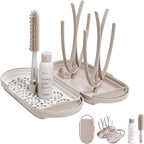 MOTHER-K Travel Baby Bottle Drying Rack Set - Baby Bottle Cleaner Kit with Cleanser and Mini Silicone Bottle Brush, Portable Bottle Drying Rack for Home and Travel (Cream Mocha)