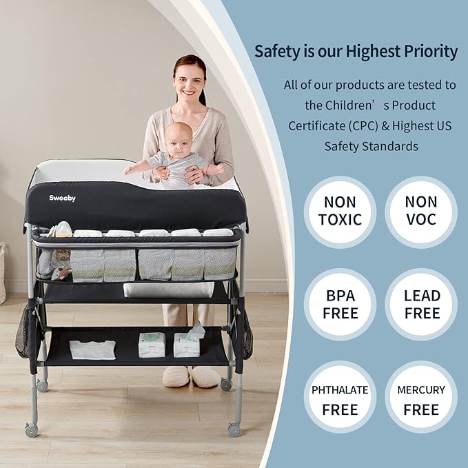 Sweeby Portable Baby Changing Table, Foldable Diaper Changing Station with Waterproof Pad, Mobile Nursery Organizer for Infant & Newborn Essentials, Black