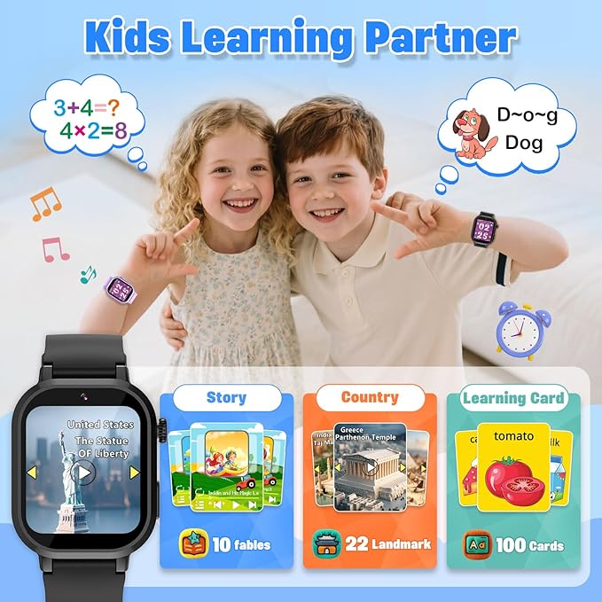 Kids Waterproof Smart Watch Boys Gift Age 3-12 with 39 Game HD Touch Screen Music Player Video Camera Pedometer Alarm Clock Birthday Gift for 6 7 8 9 Year Olds Black