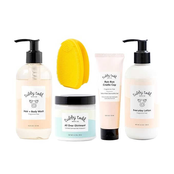 Tubby Todd Baby Cradle Cap Solution - The Bye-Bye Cradle Cap Kit - Cradle Cap Gel 1.8 Oz, Shampoo + Body Wash 8.5 Oz, Lotion 8.5 Oz, All Over Ointment 3.5 Oz, & Cradle Cap Brush - Fragrance-Free
