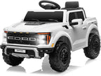 12V Ride on Car Licensed Ford F-150 Raptor, Kids Electric Car with Remote Control, LED Light/Music/MP3, Truck Bed Storage, 3-Point Seat Belt (12V, White)