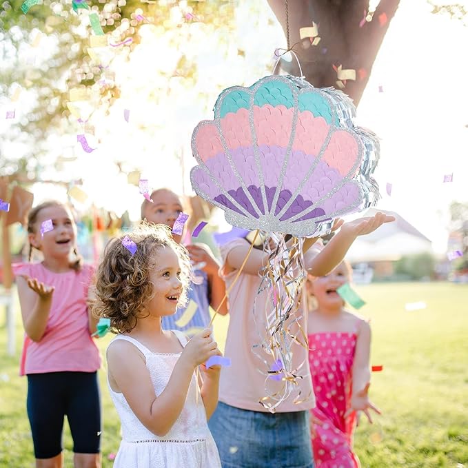Wernnsai Mermaid Seashell Piñata - Pink Shellfish Pinatas for Kids Girls Birthday Mermaid Princess Party Decorations Under The Sea Ocean Theme Party Games With Bat Blindfold 16“ x 12.5" x 3"