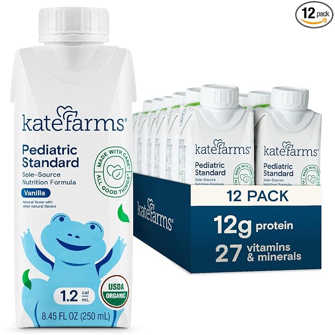 KATE FARMS Organic Plant Based Pediatric 1.2 Sole Source Vanilla Nutrition Shake, 12g of protein, 27 Vitamins and Minerals, Meal Replacement Drink for Kids, Non-GMO, 8.45 Fl oz (Pack of 12)