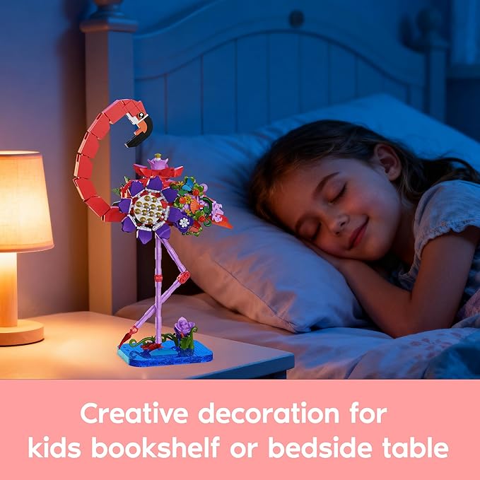 Pink Flamingo Flower Bouquet Building Set, Compatible with Lego Animal Botanical Collection – Creative Flamingo & Flower with Posable Neck and Legs, Home Decor Toy for Adult, Kids, & Flower Lovers