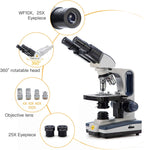 Swift Binocular Compound Microscope SW350B, 40X-2500X Magnification,Siedentopf Head,Research-Grade,Two-Layer Mechanical Stage,1.3mp Camera and Software Windows and Mac Compatible
