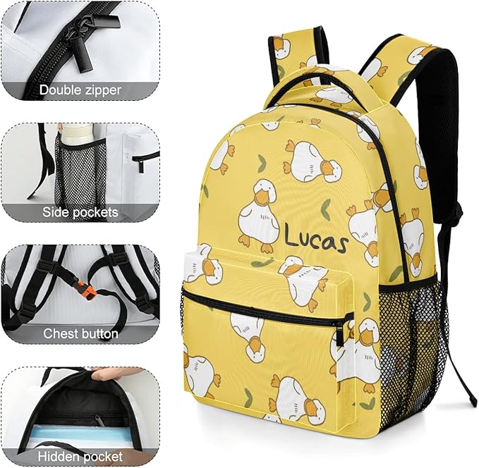 Cartoon Duck Yellow Custom Kids Backpack 16.5 Inch for Boy Girl, Personalized Waterproof Child School Travel Bag with Name, 16.5’’ X 12.2’’ X 5.9’’