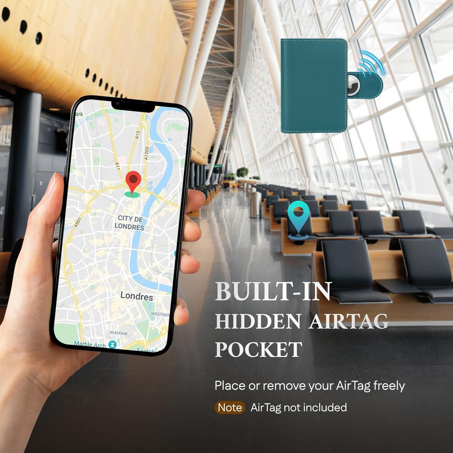 ALLIVE Rfid Passport Holder for Travel, Women & Men, Passport Cover Wallet with AirTag Hidden, Genuine Leather Passport Holder Essential for Business Travel, Airport Security (Lake Blue)