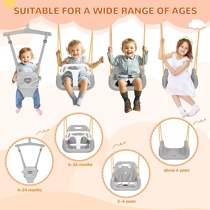 4-in-1 Swing Set & Baby Jumper and Bouncer for Toddler, Heavy Duty Baby Swing Set with Foldable Metal Stand for Indoor & Outdoor Play, Adjustable Swingset for Toddler (White)