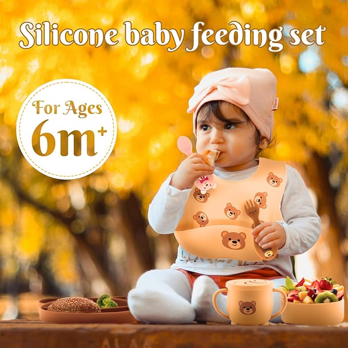 Silicone Baby Feeding Set 7 Pcs, Baby Led Weaning Supplies, Baby Feeding Supplies Set BPA Free, Baby Essentials for Newborn Gift Bear