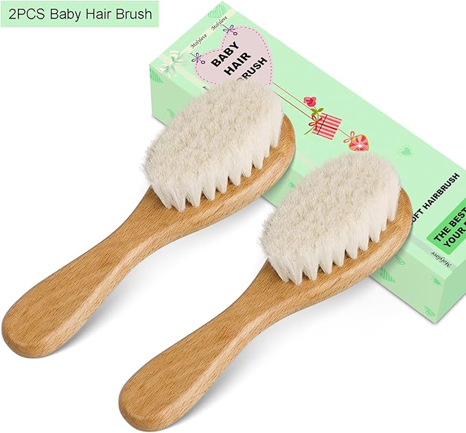 Baby Hair Brush, Wooden Baby Hair Brush for Newborns & Toddlers, Super Soft Goat Bristles Hair Brush, Toddler Hair Brush,Ideal for Cradle Cap (2PCS)