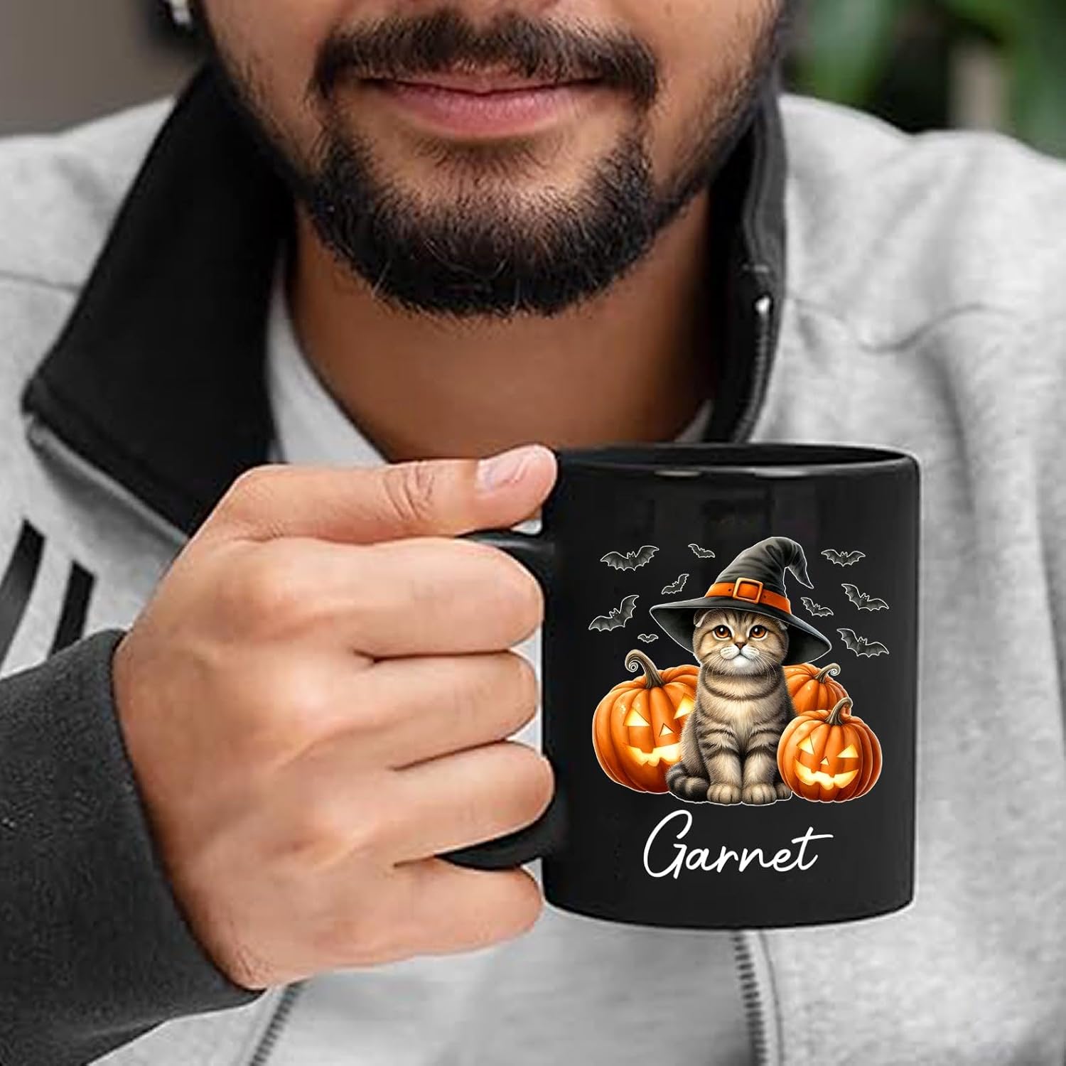 Personalized Name Scottish Fold Halloween Ceramic Mug, Custom Scottish Fold with Pumpkins Coffee Cup, Cat Wearing Witch Hat Cup Gift for Family Friend, Halloween Cat Pet Black Mug 11oz 15oz
