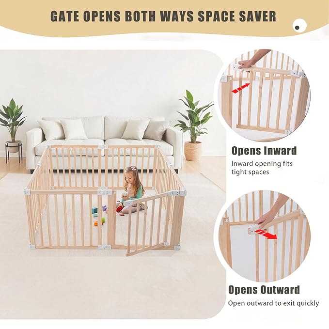 Foldable Wooden Playpen, Large Baby Wood Playpen with Locking Gate for Babies and Toddler 1-3 Year, Portable Play Yard for Activity Center Indoor Outdoor(Wood, 8 Panel)