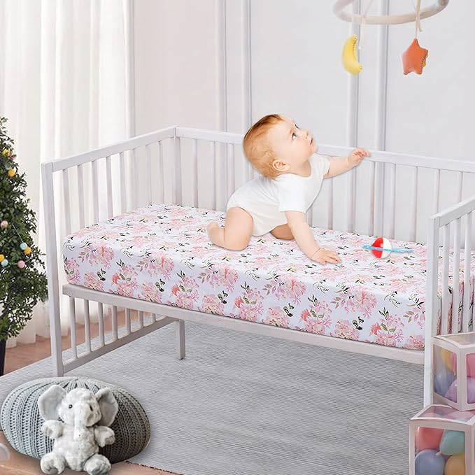 Bimocosy Crib Sheets 4pk, Size 28"x 52" for Standard Crib and Toddler Mattresses, Breathable Microfiber Crib Mattress Sheet, Floral/Ele/Pink/Green