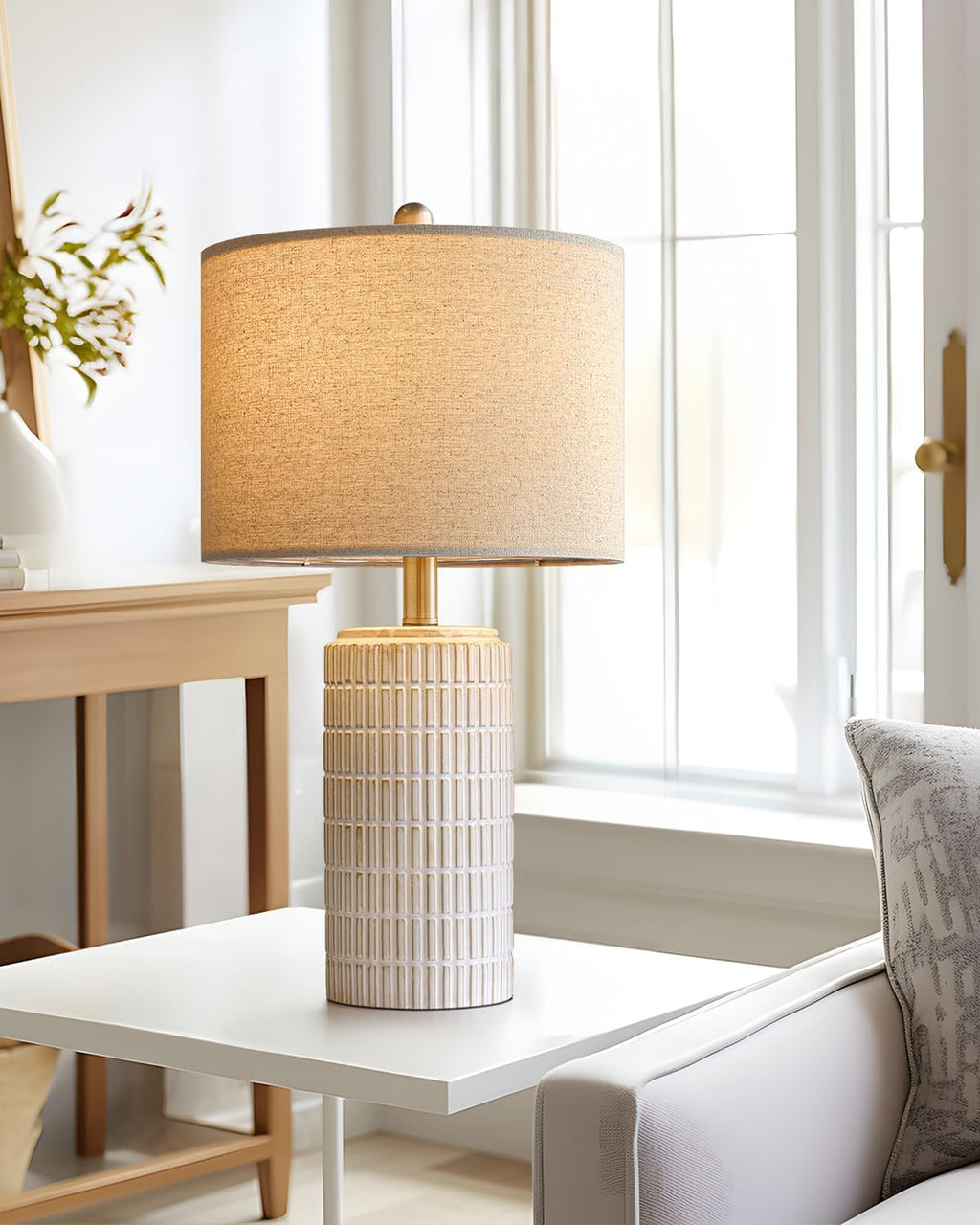 PoKat 23'' Bedside Table Lamp for Bedroom Nightstands, Ceramic Lamp for Living Room, White Night Stand Light with Round Linen Shade, Modern, Silver