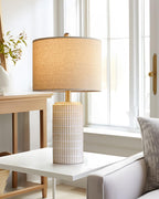 PoKat 23'' Bedside Table Lamp for Bedroom Nightstands, Ceramic Lamp for Living Room, White Night Stand Light with Round Linen Shade, Modern, Silver