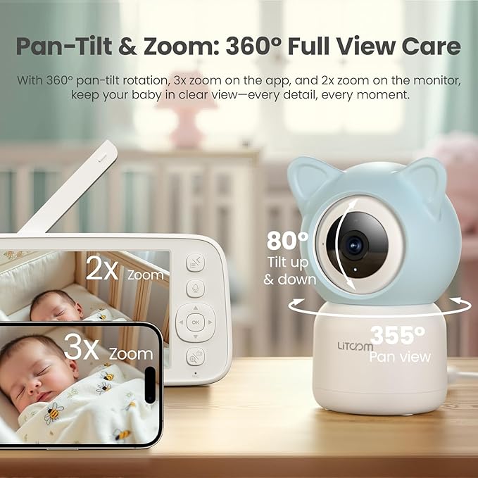 litokam 4MP Baby Monitor with 2 Cameras and Audio, 5-inch 1080P Split-Screen, No WiFi & 5G/2.4G WiFi, Remote Pan-Tilt-Zoom, Night Vision, VOX, Temperature Sensor, 2-Way Talk, 7 Lullabies, 1000ft Range