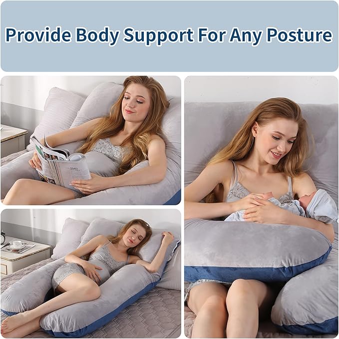 Amagoing 55 inches Pregnancy Pillows for Sleeping, U Shaped Maternity Full Body Pillow for Pregnant Women with Hip, Leg, Back, Belly Support, Washable Velour Cover Included