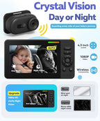 Wireless Baby Car Camera with 1080P Advanced Night Vision and 32H Battery, No Wi-Fi Needed Easy Setup Car Baby Monitor with Video Recording Adjustable Angle, Newborns Travel Essentials Gifts