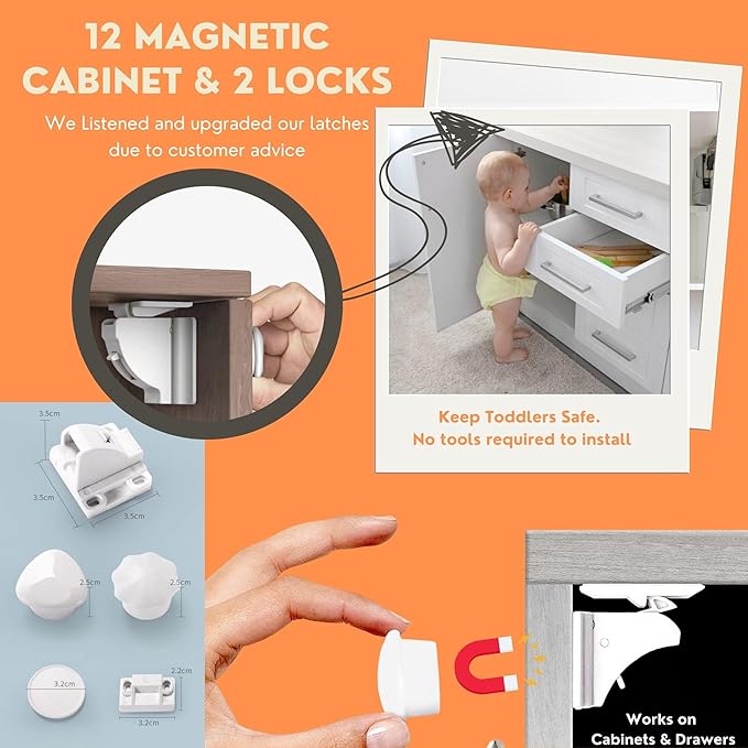 Baby Proofing Kit 67pcs All in One Includes Magnetic Cabinet Locks for Baby Proofing, Corner Bumper Protectors, Child Safety Strap Locks, Power Point Outlet Covers, Finger Pinch Guards & Bath Toys
