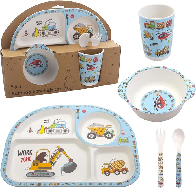 Kids Feeding Set 5 Pcs, Tableware Set for Toddlers Includes Plate Bowl Cup Fork and Spoon Utensil Flatware, Kids Flatware Set Dishwasher Safe, BPA Free (Construction)