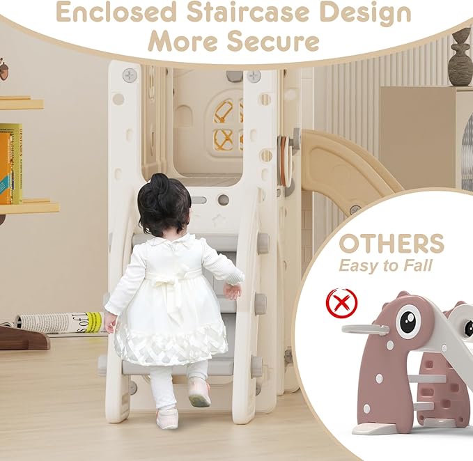 YUFU 8 in 1 Toddler Slide Set, Kids Slide for Toddlers Age 1-3, Toddler Playset with Climber, Basketball Hoop and Ball, Outdoor Indoor Playground for Toddlers 1-3 (Beige+Coffee)