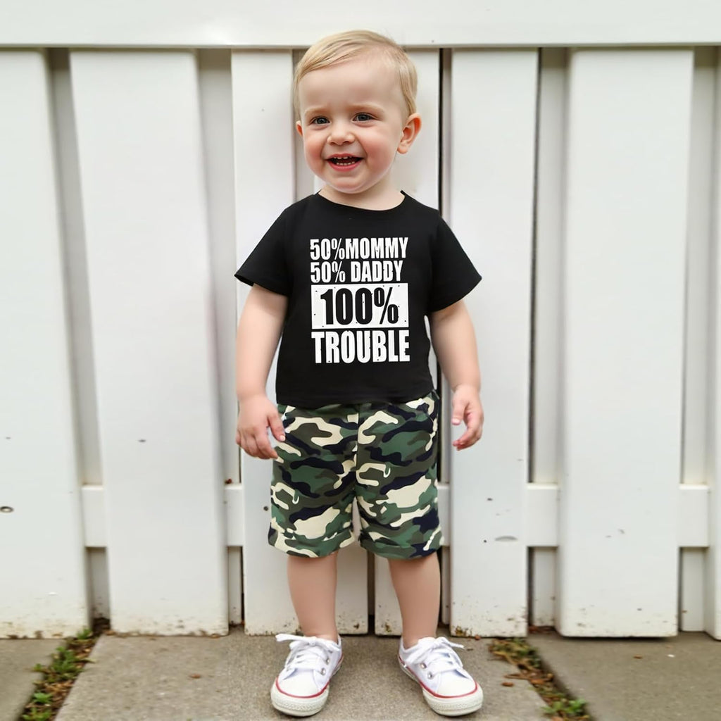 wdehow Toddler Kids Baby Boy Summer Clothes Sets 1T 2T 3T 4T 5T Letter Print Short Sleeve Tops Camouflage Shorts Outfits