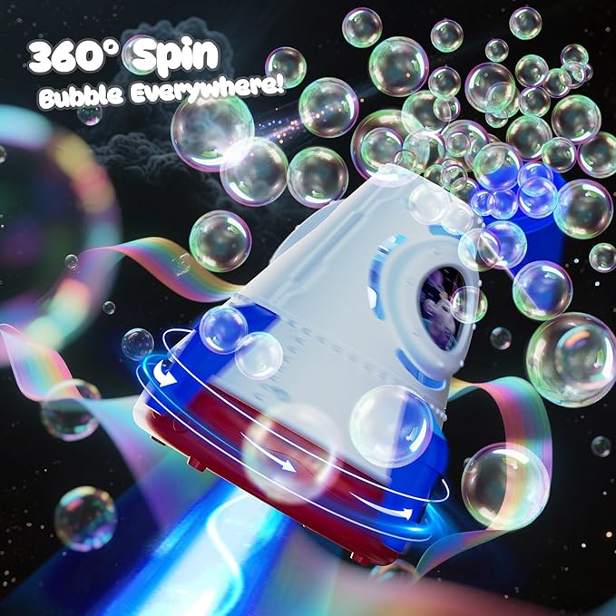 Rocket Bubble Machine for Kids with Lights, 360° Rotating Bubble Blower Toy with 10 Refill Solutions, Bubble Maker for Toddlers, Fun Outdoor Party Gift for Boys & Girls Blue