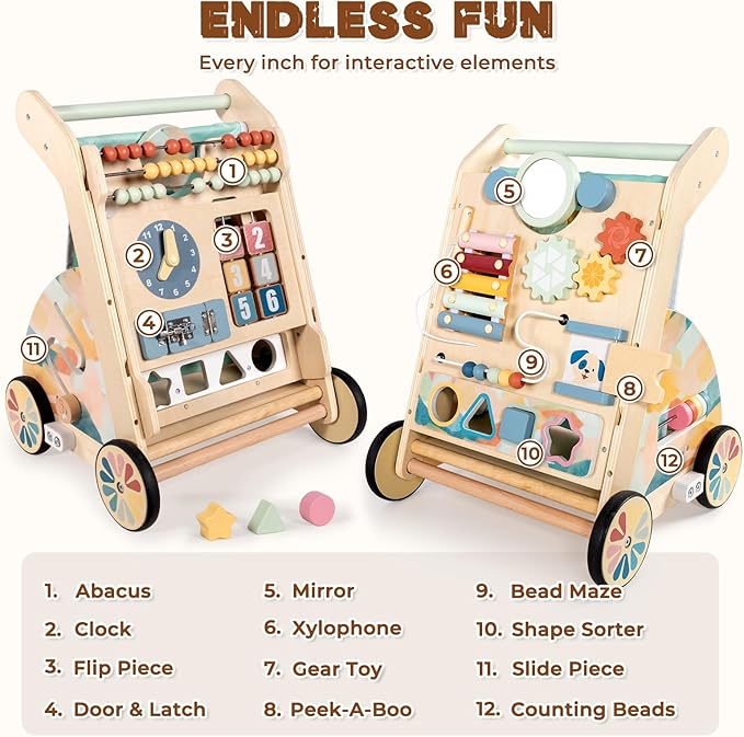 LOL-FUN Wooden Baby Walker with Double-Sided Busy Board, Push Walker for Baby with Adjustable Speed Wheels, Activity Learning Walker for Boys 6-12 Months
