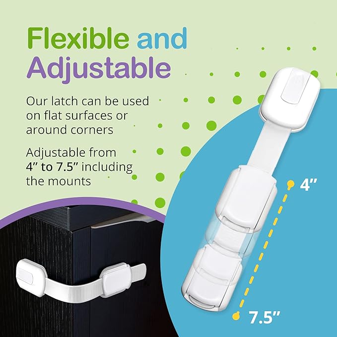 Adjustable & Reusable Child Safety Cabinet Locks & Latches, Baby Proofing Door Window, Cabinet, Toilet, & Refrigerator Lock, Child Safety Strap Locks with Adhesive Pads, Pack of 6, White - Wonderkid