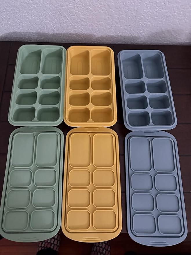 Palksky Silicone Freezer Tray with Lid, Silicone Freezer molds Dual-Size (30/40ml & 70/90ml) Leakproof Individual Seal Rings for Puree, Breast Milk & Homemade Meals (Blue Green Yellow)