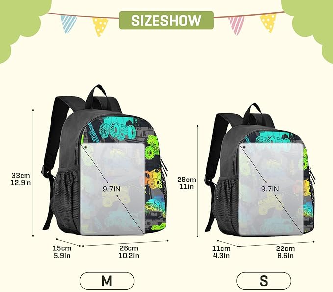 Toddler Monster Truck Backpack - Waterproof Mini Bag for Boys/Girls, Cute Small Kindergarten Pre-School Backpack (S)