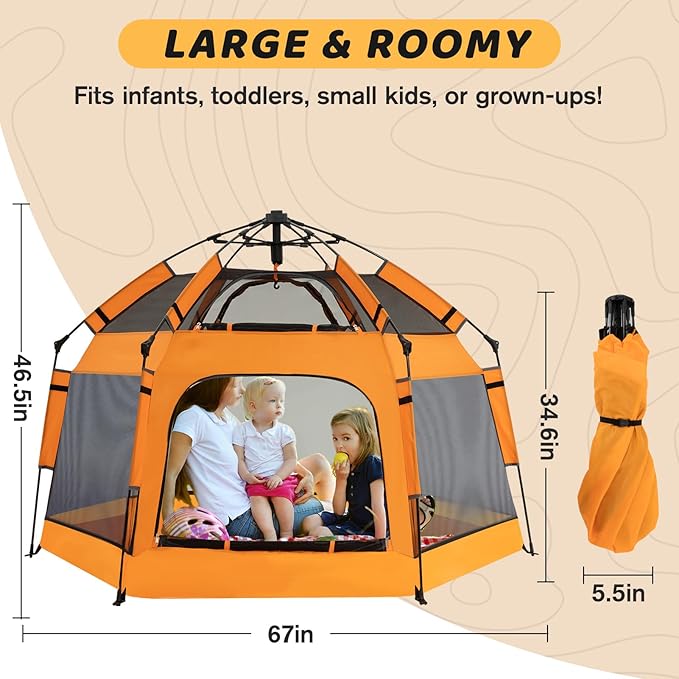 Baby Pop Up Playpen with Canopy, Pop Up Baby Pop Up Tent with Safety Lock, Portable Toddler Play Yard with Travel Bag, 6 Ground Stakes, 6 Sand Stakes