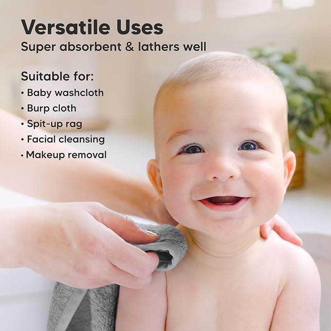 6-Pack Baby Washcloths - Soft Absorbent Viscose from Bamboo Wash Cloths for Babies, Kids, Toddlers, Infant, Newborn Bath Towels, Gentle on Sensitive Skin, 10x10 Reusable Face Towels (Cool Gray)