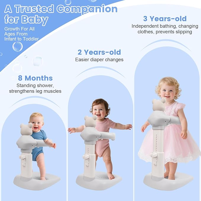 Adjustable Baby Shower Stand with Bear Design, Portable Bath Support with Non-Slip Base, Bathing Toy with Baby Bathing Station (Grey)