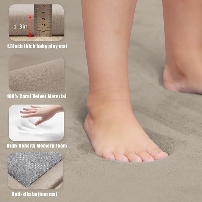 Baby Play Mat for Floor, 1.3" Thick Extra Large Cushioning Memory Foam Playpen Cushion, Soft Coral Velvet Tummy Time Mat with Non-Slip Backing, Child Nursery Rug for Toddlers, Kids (Beige, 79X59)