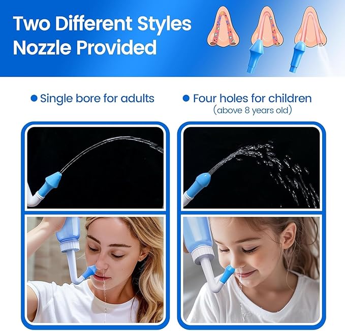 Neti Pot Sinus Rinse Bottle 260 ML with 60 Nasal Wash Salt Packets and Sticker Thermometer Nose Wash Cleaner Pressure Rinse Nasal Irrigation for Adult & Kid BPA Free (Blue)