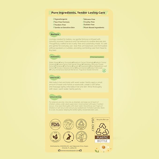 KINDORA 2-in-1 Baby Shampoo and Body Wash with Calendula & Oat – Gentle, Tear-Free & Hypoallergenic | Plant Based Cradle Cap Treatment | Organic, Vegan & Non-Toxic – 16.9 fl oz