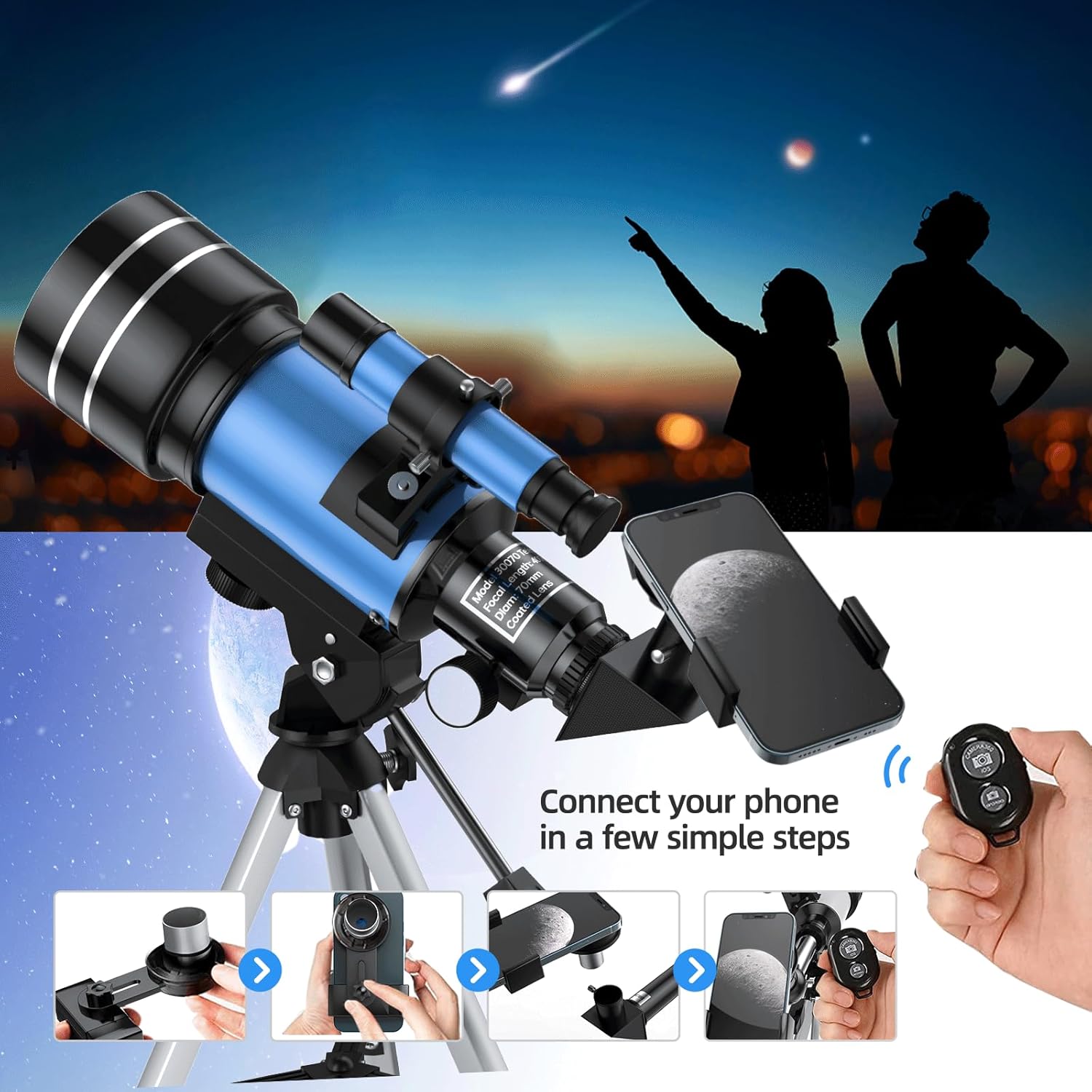 Astronomical Telescope for Kids, 70mm Aperture, 400mm Focal Length, 24-180X Magnification, Fully Multi-Coated Optics, AZ Mount with Tripod