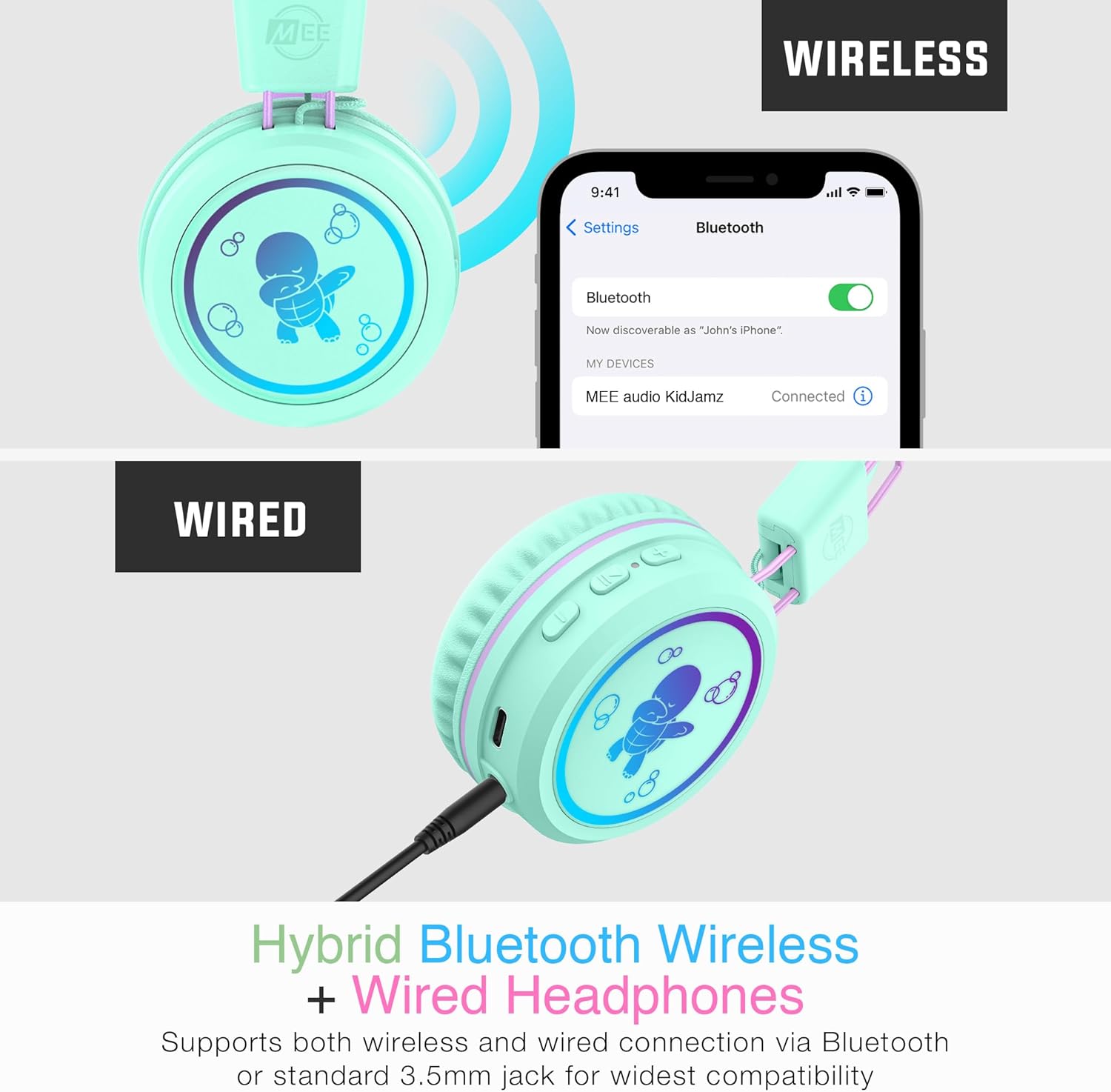 MEE audio KidJamz KJ55BT Personalized Bluetooth Wireless Safe Listening Headphones for Kids w/Custom LED-Backlit Design, Volume Limiter, Microphone; Kids Headset for School/iPhone/iPad/Tablet (Mint)