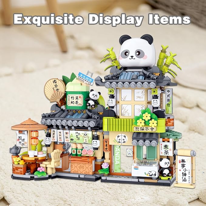 Panda Tea Shop Mini Street Scape Building Blocks, Panda Creative Building Toys for Girls 6-12, Gift Idea for Kids Adults (860PCS)